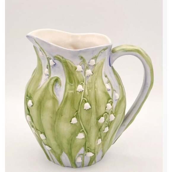 Inspirado Lily of the Valley Ceramic Pitcher Embossed Floral Hand Painted - Picture 2 of 13
